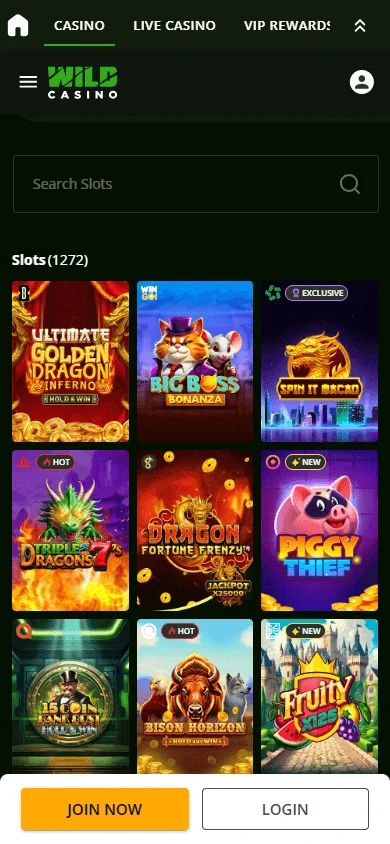 Wild Casino games screen on a mobile browser