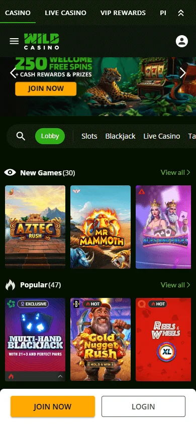 Wild Casino home screen on a mobile browser