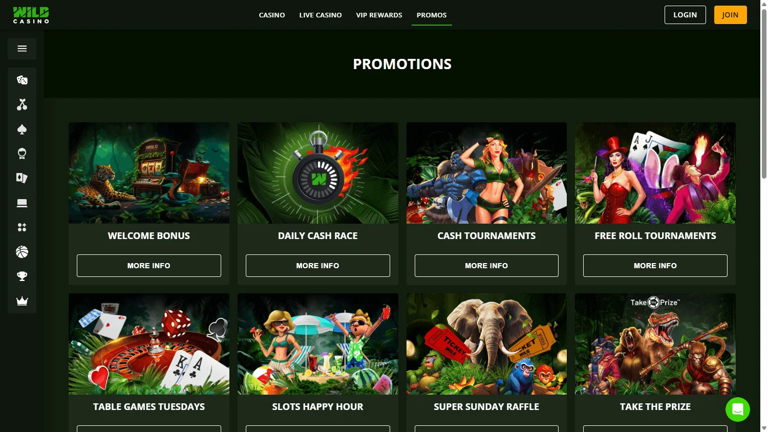 Wild Casino promotions screen on desktop