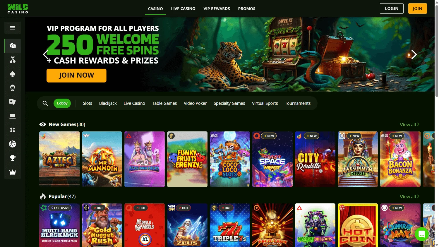 Wild Casino home screen on desktop