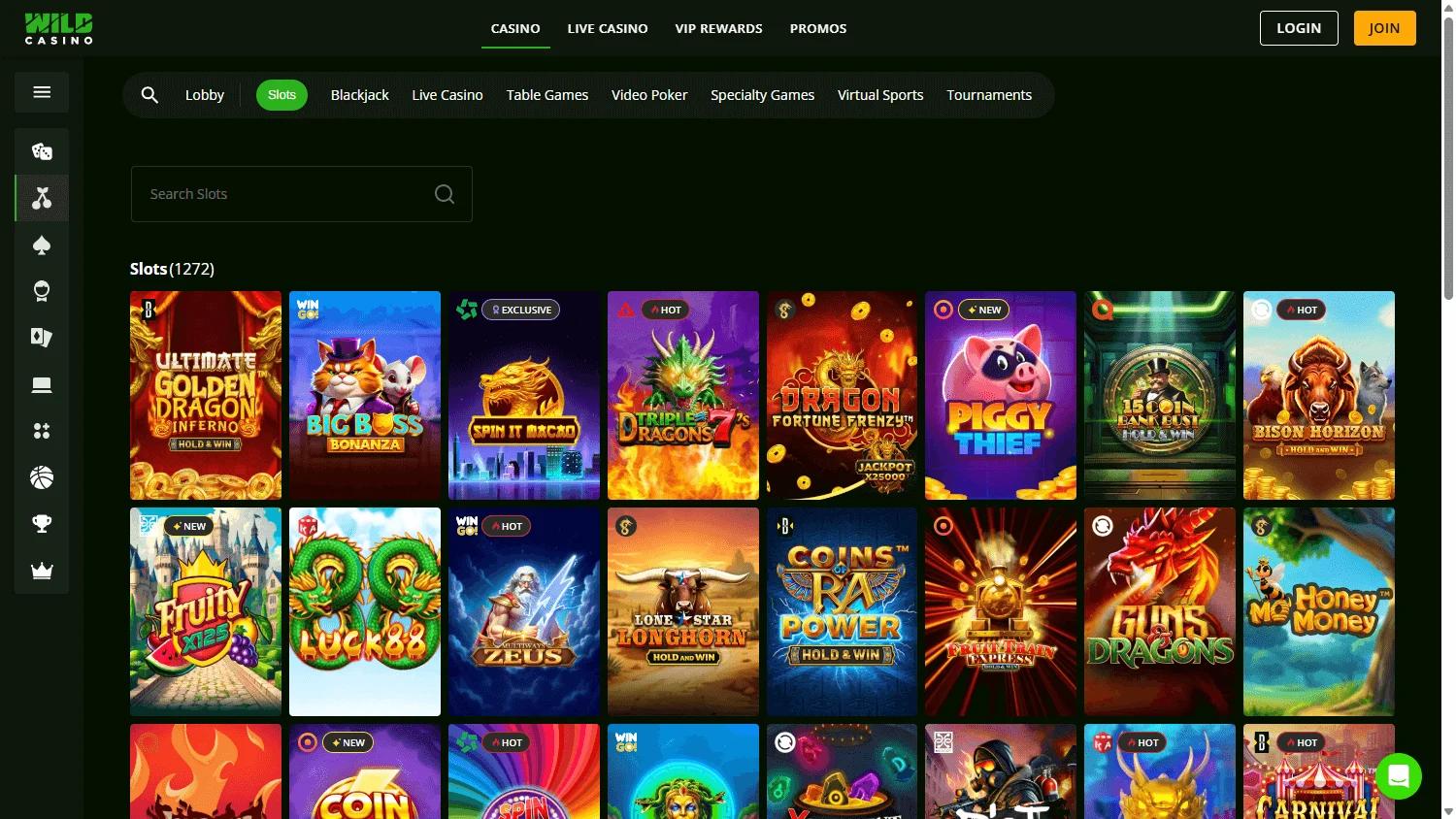 Wild Casino games screen on desktop