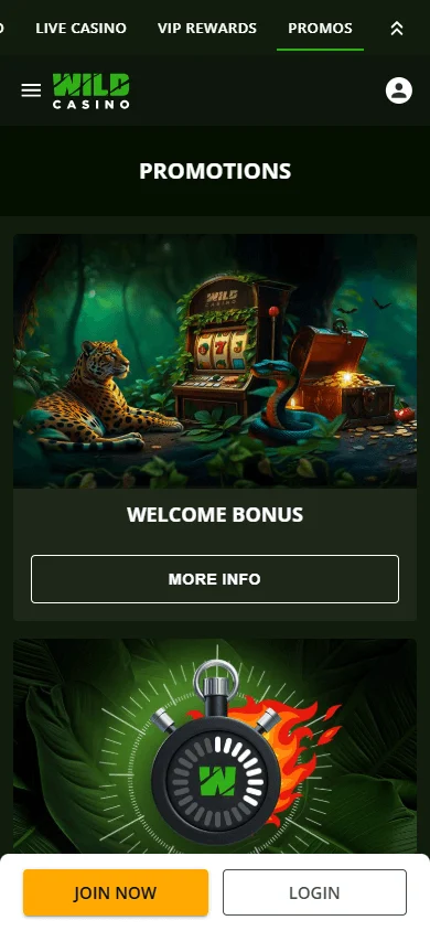 Wild Casino promotions screen on a mobile browser